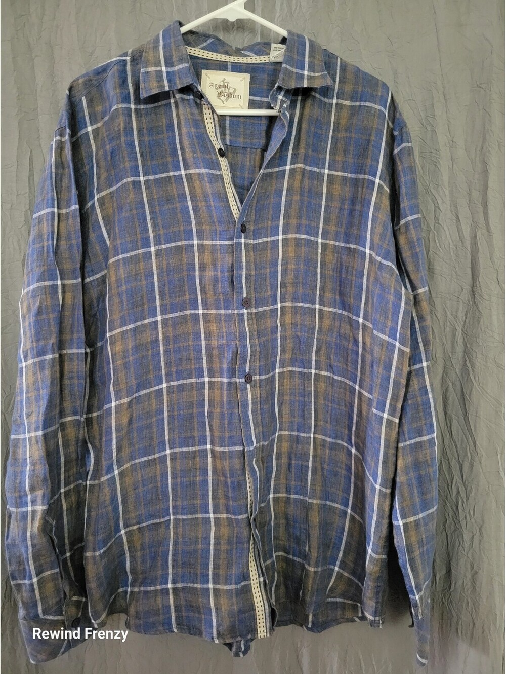 Age of Wisdom Men’s Plaid Linen Shirt Large Navy Blue Long Sleeve Casual